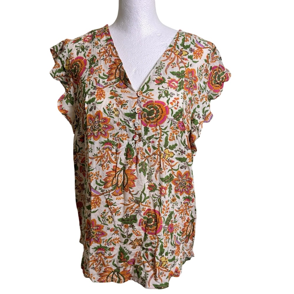 Nicole Miller NY Floral Boho Blouse Small NWT Rayon Flutter Sleeve Button V-Neck